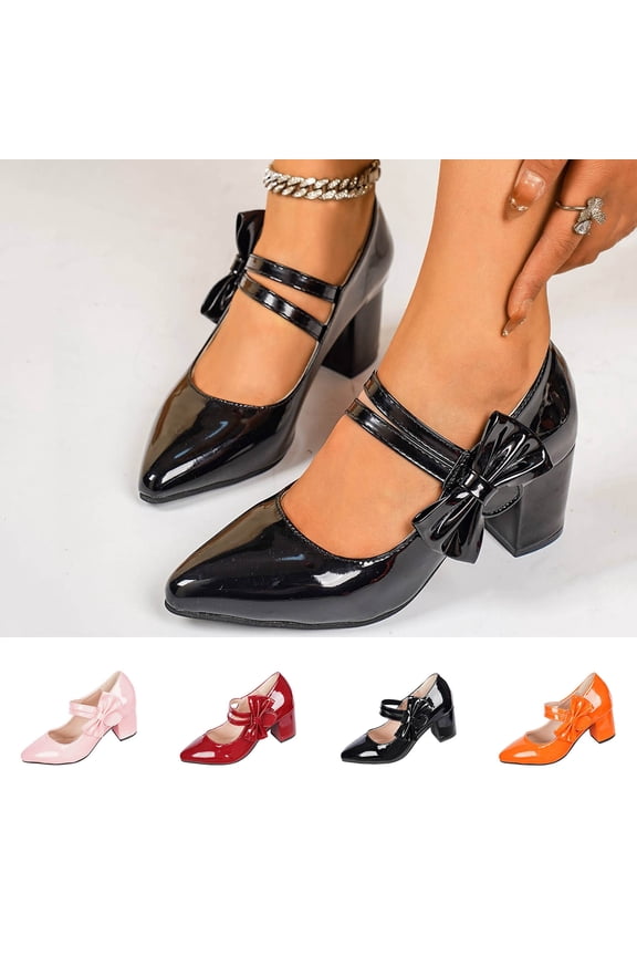 Women's Wide Width Mary Jane Heels, Patent Leather Bow Accent Pointed Toe Pumps, Chunky Block Heel Dress Shoes for All Seasons, Multi-Color