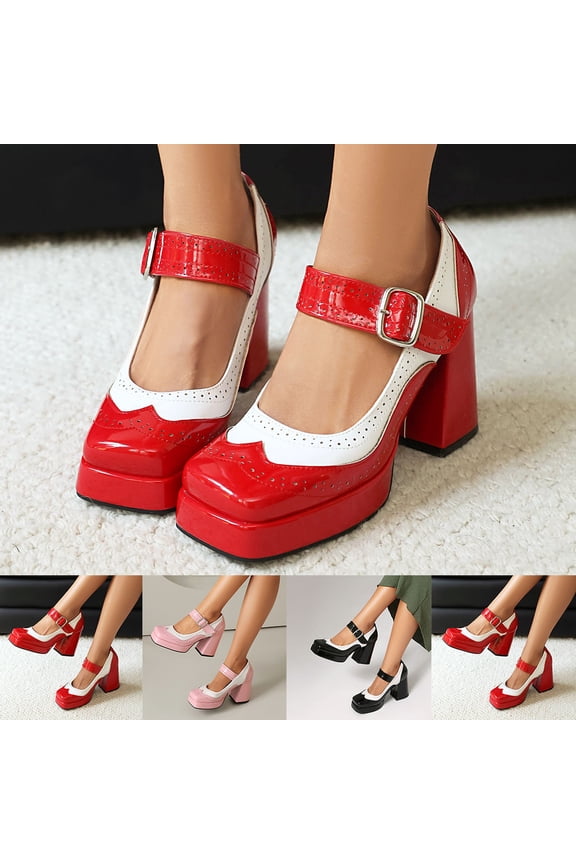 Women's Wide Width Mary Jane Platform Heels, Color Block Patent Leather Chunky Heel Pumps, Square Toe Dress Shoes for All Seasons, Multi-Color