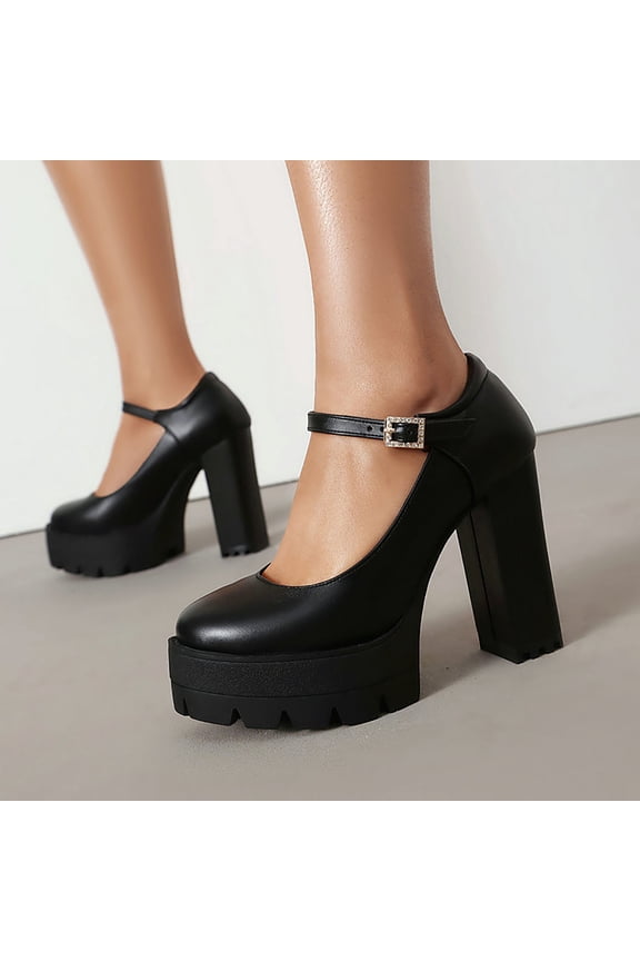 Women's Wide Width Mary Jane Platform Heels, Faux Leather Ankle Strap Chunky High Heels for Stage Performance & Party, Black