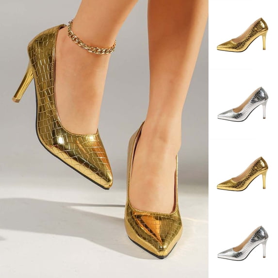 Women's Wide Width Metallic Crocodile Print Pumps, Pointed Toe Stiletto Heel Dress Shoes, Comfortable Slip-On Heels for Party & Office, Gold/Silver