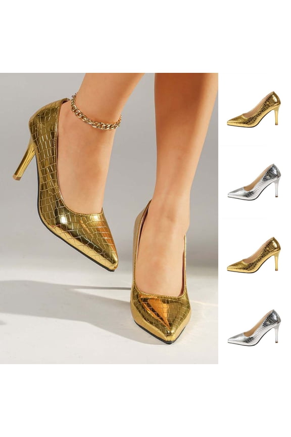 Women's Wide Width Metallic Crocodile Print Pumps, Pointed Toe Stiletto Heel Dress Shoes, Comfortable Slip-On Heels for Party & Office, Gold/Silver