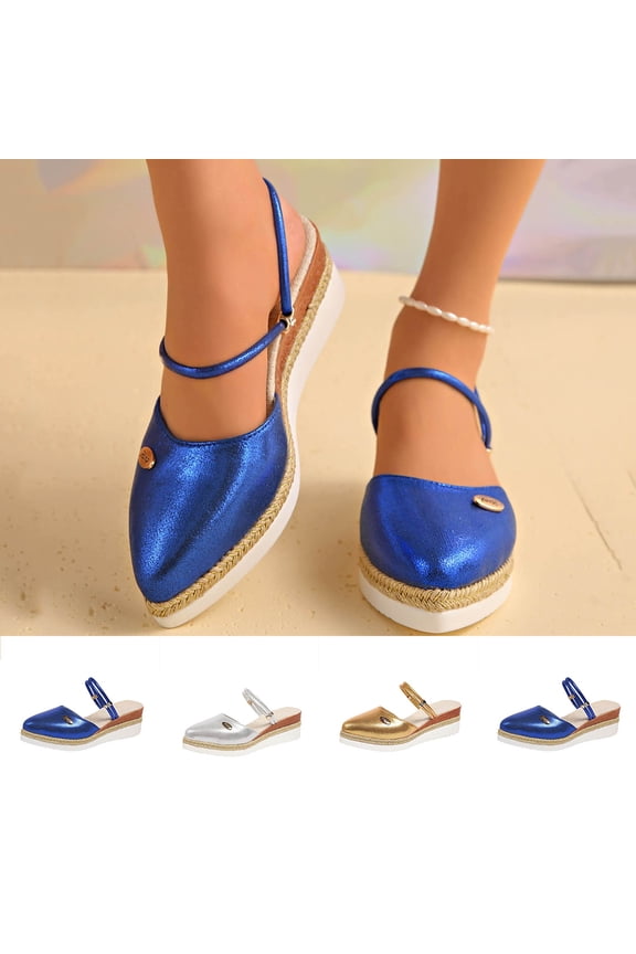 Women's Wide Width Metallic Espadrille Wedge Sandals, Convertible Pointed Toe Slingback Mules, Comfortable Two-Way Wear Summer Shoes, Blue/Silver/Gold