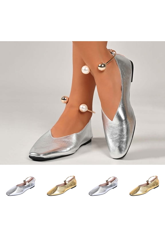 Women's Wide Width Metallic Square Toe Flats, Faux Leather Slip-On Soft Sole Casual Dress Shoes for Spring & Fall, Silver/Gold