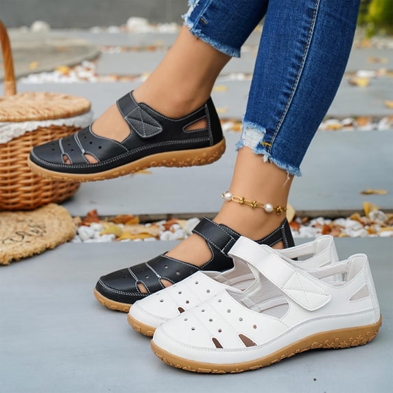 Women's Wide Width Perforated Leather Sandals, Comfortable Closed Toe Adjustable Strap Wedge Shoes for Spring & Summer, Black/White