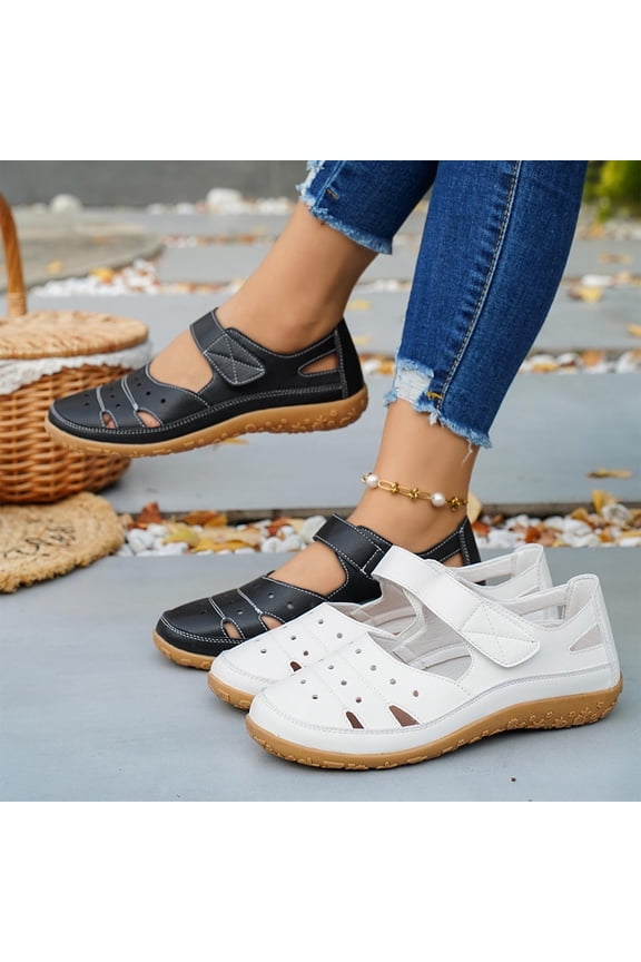 Women's Wide Width Perforated Leather Sandals, Comfortable Closed Toe Adjustable Strap Wedge Shoes for Spring & Summer, Black/White