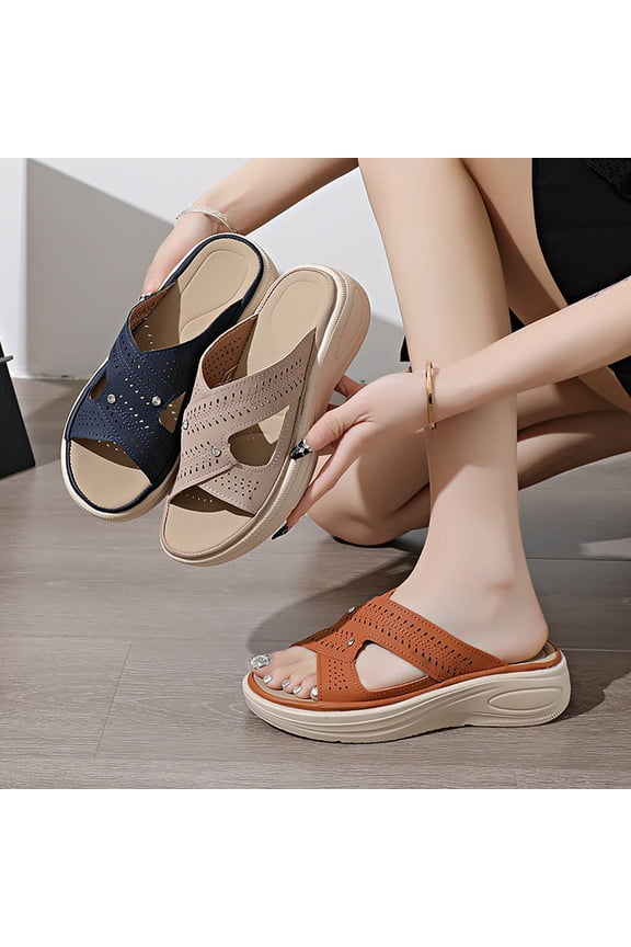 Women's Wide Width Perforated Platform Slide Sandals, Casual Open Toe Wedge Mules with Arch Support for Spring & Summer, Multi-Color