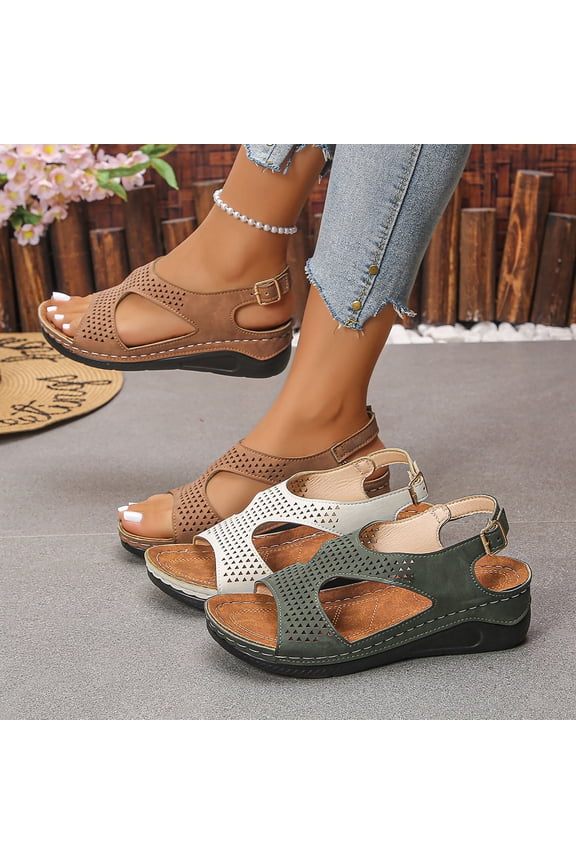 Women's Wide Width Perforated Wedge Sandals, Comfortable Peep Toe Ankle Strap Casual Shoes for Spring & Summer, Multi-Color