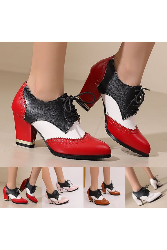 Women's Wide Width Platform Heels, British Style Color Block Leather Lace-Up Pumps, Chunky Heel Casual Dress Shoes for All Seasons, Multi-Color
