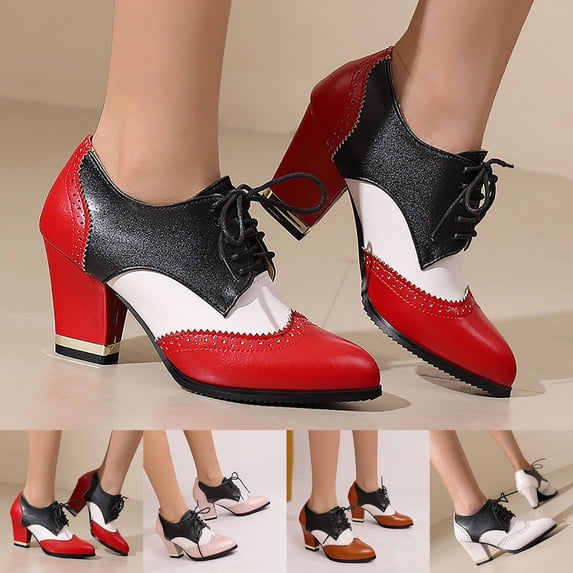 Women's Wide Width Platform Heels, British Style Color Block Leather Lace-Up Pumps, Chunky Heel Casual Dress Shoes for All Seasons, Multi-Color
