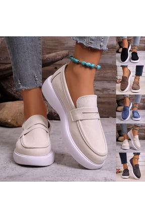 Women's Wide Width Platform Loafers, Breathable Canvas Slip-On Shoes, Comfortable Chunky Sole Walking Shoes for Daily Wear, Work, Shopping - Beige/Black/Brown/Blue