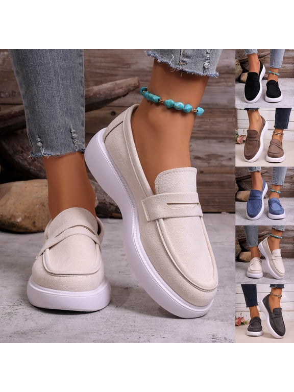 Women's Wide Width Platform Loafers, Breathable Canvas Slip-On Shoes, Comfortable Chunky Sole Walking Shoes for Daily Wear, Work, Shopping - Beige/Black/Brown/Blue
