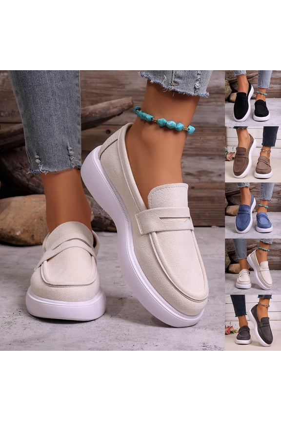 Women's Wide Width Platform Loafers, Breathable Canvas Slip-On Shoes, Comfortable Chunky Sole Walking Shoes for Daily Wear, Work, Shopping - Beige/Black/Brown/Blue