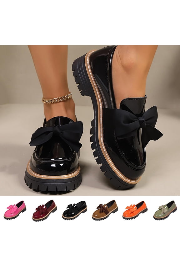 Women's Wide Width Platform Loafers, Breathable Patent Leather Mules with Bow Detail, Comfortable Non-Slip Lug Sole Walking Shoes for Spring, Summer, Daily Wear - Black/Pink/Red/Brown/Orange/Green