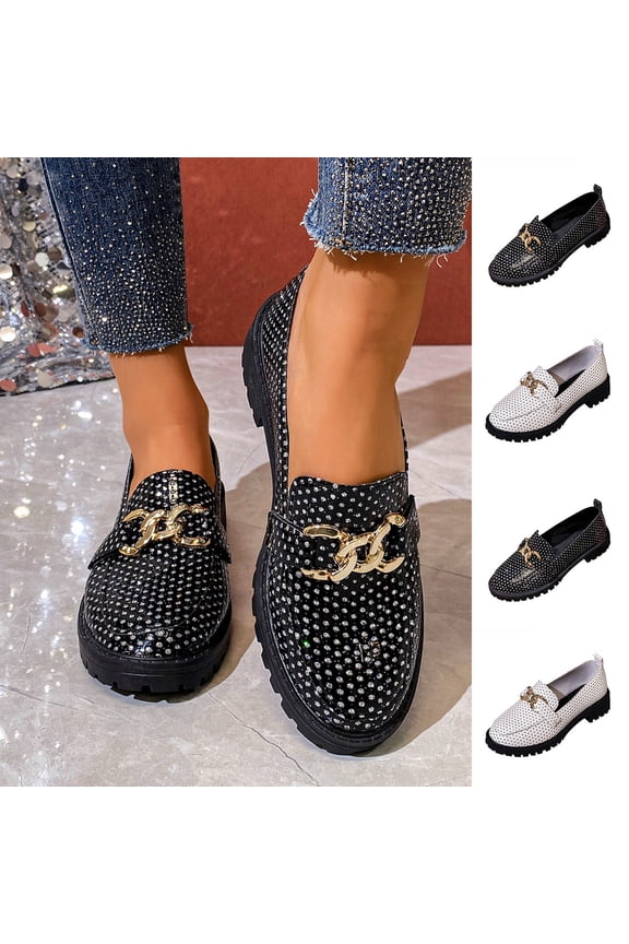 Women's Wide Width Platform Loafers, Sparkly Rhinestone Slip-On Shoes with Gold Buckle, Chunky Sole Casual Dress Loafers for Party, Work, Daily Wear - Black/White