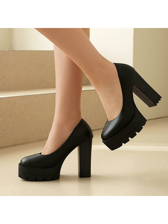Women's Wide Width Platform Pumps, Faux Leather Round Toe Chunky High Heel Non-Slip Dress Shoes for Party & Work, Black