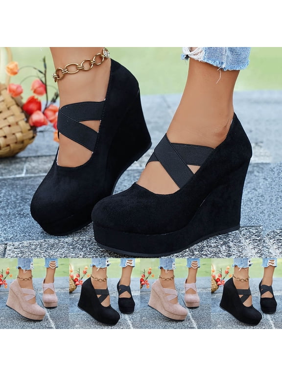 Women's Wide Width Platform Wedge Mary Janes, Round Toe Crisscross Elastic Strap High Heels, Comfortable Faux Suede Dress Shoes for Spring & Fall, Black/Nude