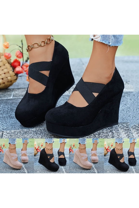 Women's Wide Width Platform Wedge Mary Janes, Round Toe Crisscross Elastic Strap High Heels, Comfortable Faux Suede Dress Shoes for Spring & Fall, Black/Nude