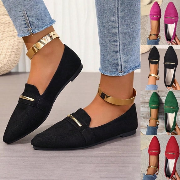 Women's Wide Width Pointed Toe Loafers, Faux Suede Metal Accent Slip-On Casual Dress Shoes for Spring & Fall, Multi-Color