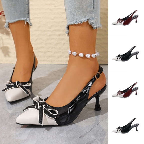 Women's Wide Width Slingback Heels, Color Block Patent Leather Pumps with Bow, Stiletto Heel Dress Sandals for Spring Summer, Black/White/Wine Red