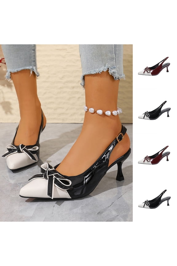 Women's Wide Width Slingback Heels, Color Block Patent Leather Pumps with Bow, Stiletto Heel Dress Sandals for Spring Summer, Black/White/Wine Red