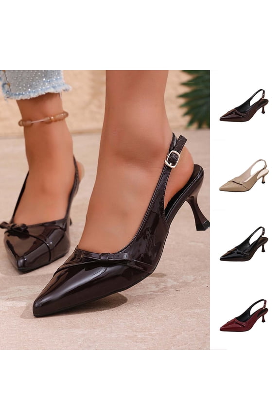 Women's Wide Width Slingback Heels, Patent Leather Pointed Toe Pumps with Bow, Stiletto Heel Dress Sandals for Spring Summer, Black/Beige/Wine Red