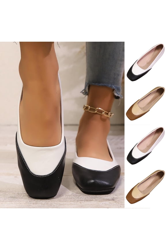 Women's Wide Width Square Toe Flats, Breathable Faux Leather Two-Tone Slip-On Shoes, Comfortable Soft Sole Walking Shoes for Daily Wear, Work, Party - Black/White/Brown/Beige