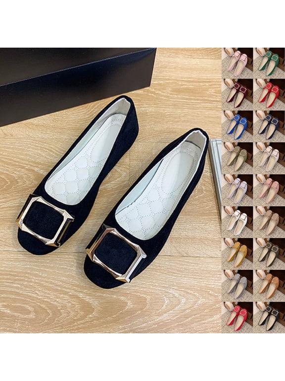 Women's Wide Width Square Toe Flats, Candy Color Buckle Accent Canvas Shoes, Comfortable Casual Work Shoes for Spring & Fall, Multi-Color