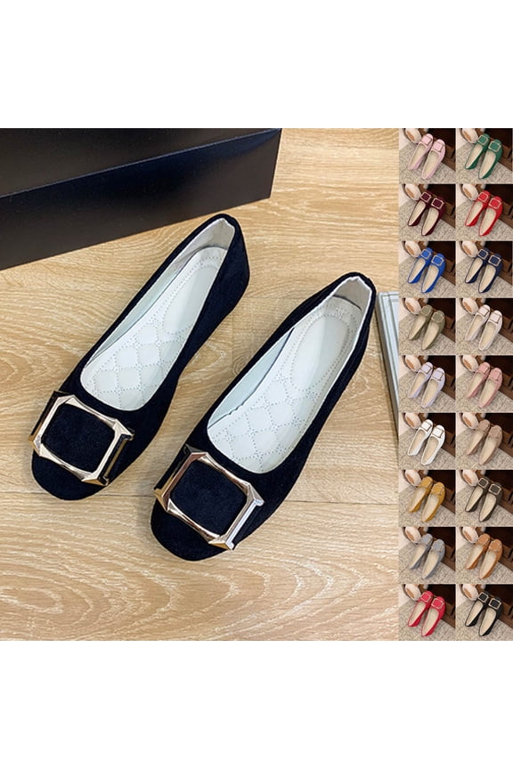 Women's Wide Width Square Toe Flats, Candy Color Buckle Accent Canvas Shoes, Comfortable Casual Work Shoes for Spring & Fall, Multi-Color