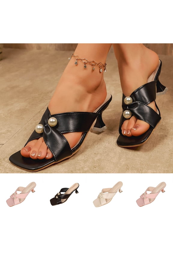 Women's Wide Width Stiletto Heel Mules, Faux Leather Pearl Accent Slide Sandals, Square Open Toe Dress Shoes for Spring Summer, Black/Pink/Beige