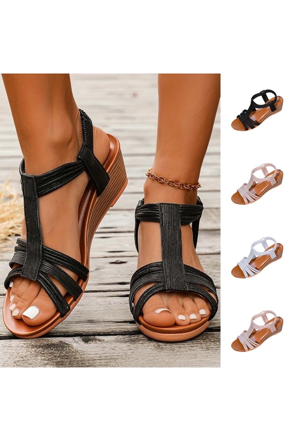Women's Wide Width T-Strap Wedge Sandals, Open Toe Elastic Back Casual Shoes with Multi-Strap Design, Comfortable Summer Heels for Daily & Vacation Wear, Black/White