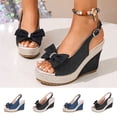 thumbnail image 1 of Women's Wide Width Wedge Sandals, Breathable Denim Peep Toe Shoes with Bow & Adjustable Buckle Strap, Comfortable Platform Wedge Heel Walking Shoes for Summer, Beach, Daily Wear - Dark Blue/Black, 1 of 10