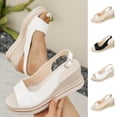 thumbnail image 1 of Women's Wide Width Wedge Sandals, Breathable Faux Leather Open Toe Shoes with Adjustable Buckle Strap, Comfortable Platform Wedge Heel Walking Shoes for Summer, Work, Daily Wear - White/Black/Beige, 1 of 10