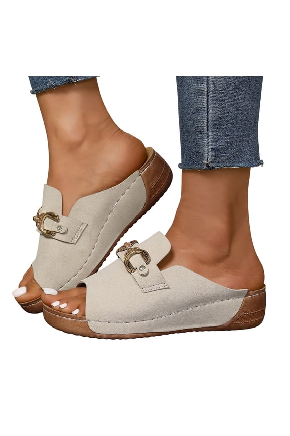 Women's Wide Width Wedge Sandals Platform Slip On Dress Slides Open Toe Comfortable Non Slip Walking Beach Sandal Beige Size 9.5