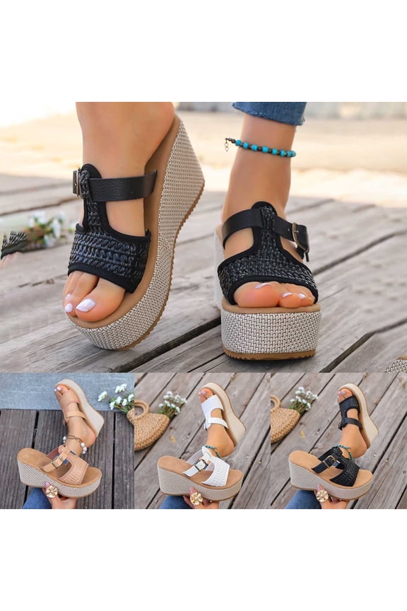 Women's Wide Width Woven Espadrille Wedge Slide Sandals, Open Toe Adjustable Buckle Platform Slippers, Comfortable Casual Summer Shoes for Beach & Daily Wear, Multi-Color