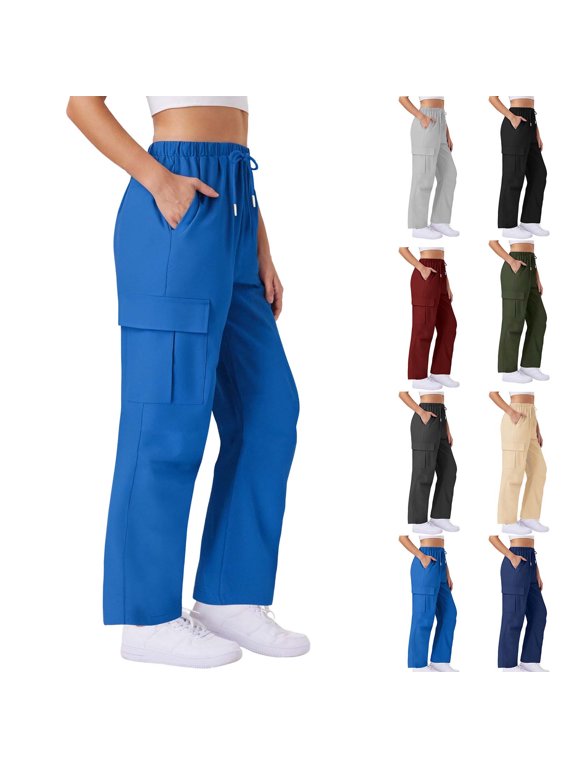Women's Wide-leg Pants Pockets Drawstring Running Plus Size Sweatpants for Women Workout Jogging for Golf, Athletic,Travel, Work Blue S