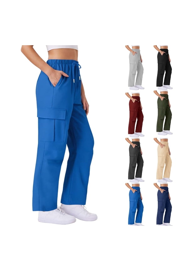 Women's Wide-leg Pants Pockets Drawstring Running Plus Size Sweatpants for Women Workout Jogging for Golf, Athletic,Travel, Work Blue S