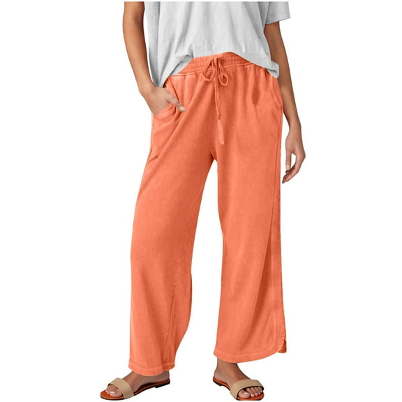 Women's Wide-leg Pants Pockets Solid Color Baggy Wide-Leg Pants Casual Elastic-Waistband Pocket Pants Athletic Pants for Workout, Jogging, Running Orange S