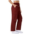 thumbnail image 1 of Women's Wide-leg Pants Pockets Solid Color Elastic High Waist Drawstring Quickdrying Trousers Multi-pocket Casual Sports Pants Athletic Pants for Workout, Jogging, Running Red XXL, 1 of 4