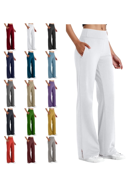 Women's Wide-leg Pants Pockets Sport Casual Solid Color Fashion Elastic Waist Button Pockect Yoga Pants Athletic Pants for Workout, Jogging, Running White XXL