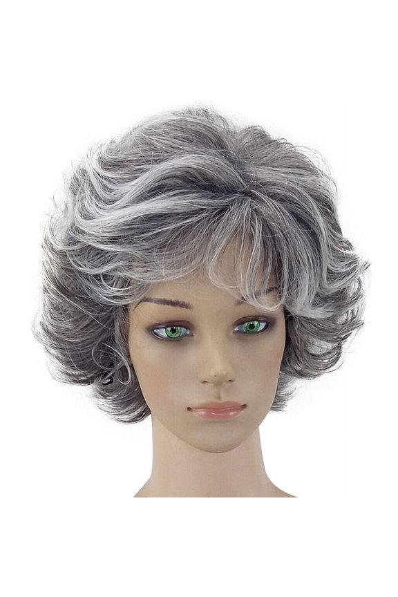 Women's Wig - 2 Tone Grey White Ombre Synthetic Short Layered Curly Hair Wig with Puffy Bangs