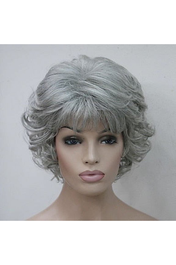 Women's Wig - 2 Tone Grey White Ombre Synthetic Short Layered Curly Hair Wig with Puffy Bangs