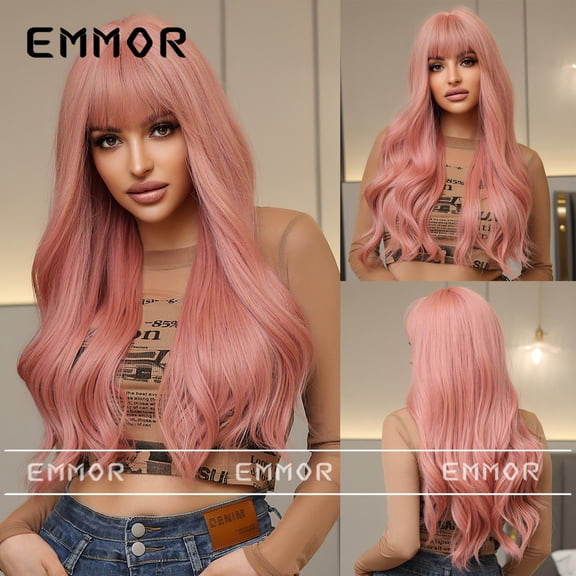 Women's Wig Internet Celebrity European and American Style Bangs Long Curly Hair Thin Vine Pink New Natural Realistic JK Full Wig