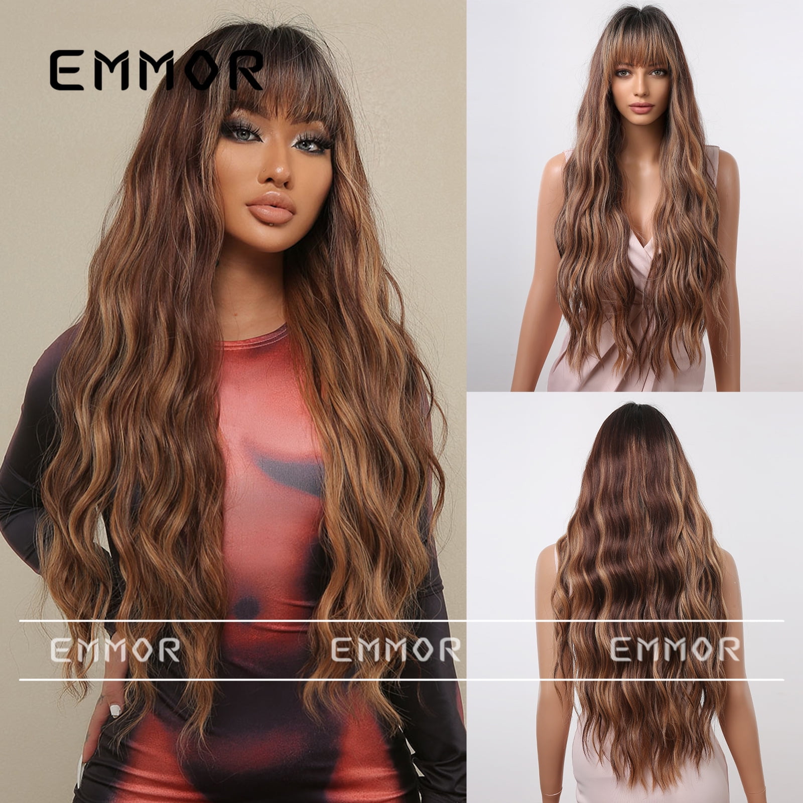 Women's Wig with Bangs, Highlighted Gradient Brown, Big Wavy Long Hair, Natural Full Head Wig, Daily Realistic Wig