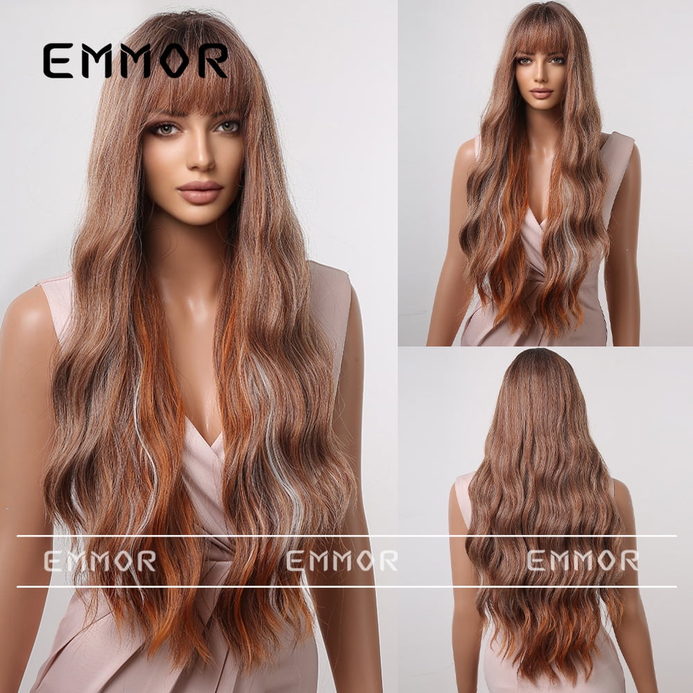 Women's Wig with Bangs, Highlighted Gradient Brown, Big Wavy Long Hair, Natural Full Head Wig, Daily Realistic Wig