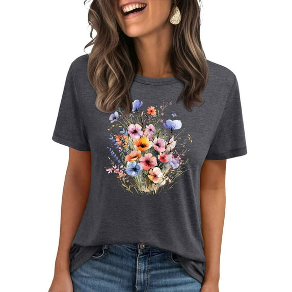 Women's Wildflower Graphic Tees Cute Vintage Floral T Shirt Short Sleeve Casual Loose Printed Tops