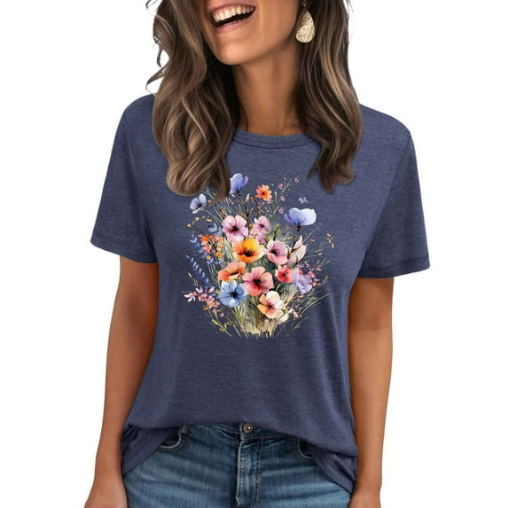 Women's Wildflower Graphic Tees Cute Vintage Floral T Shirt Short Sleeve Casual Loose Printed Tops