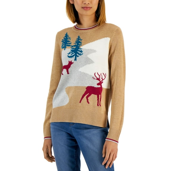 Women's Wildlife Knit Holiday Sweater Warm Camel Heather Combo S