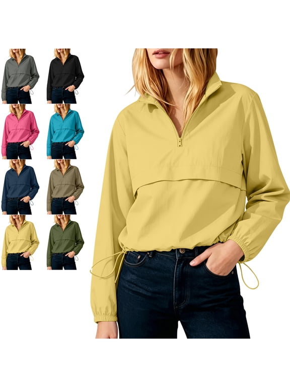 Women's Windbreaker Jacket Long Sleeves Collared Workout Zip Up Top with Pockets Hiking Jacket for Women Lightweight Athletic Jacket Sport Coat