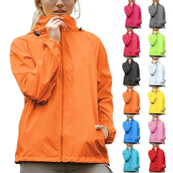 Women's Windbreaker Sun Protection Lightweight Waterproof Windproof Adjustable Rain Jacket Plus Size Hooded Long Sleeve Active Outdoor Raincoatswith PocketsOrange S
