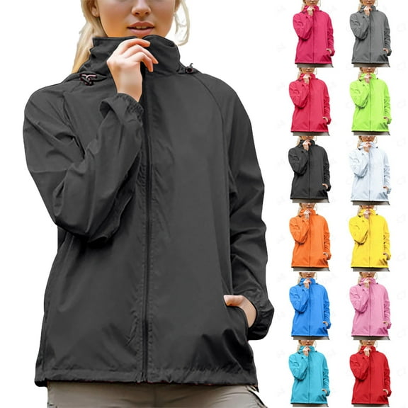 Women's Windbreaker Sun Protection Lightweight Waterproof Windproof Adjustable Rain Jacket Plus Size Hooded Long Sleeve Active Outdoor Raincoatswith Pockets Black XXL